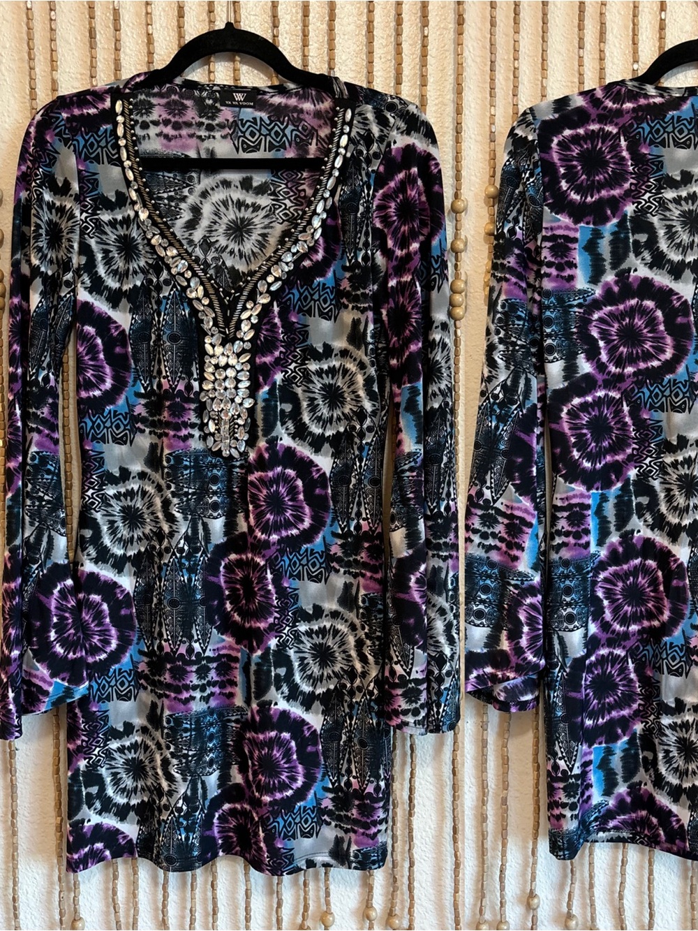 Y2K Va Va Voom Purple Blue Tie Dye Boho Indie Tribal Print Bell Sleeve Dress